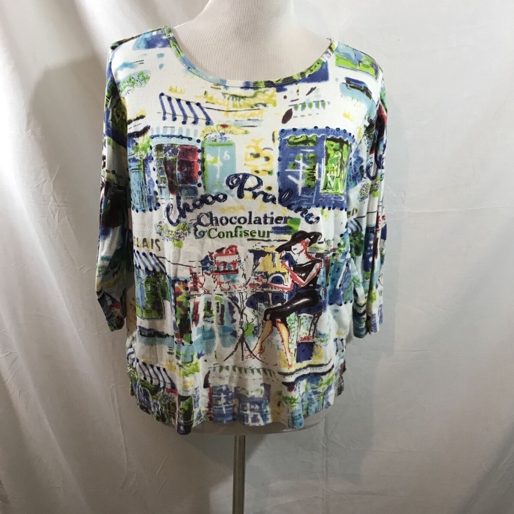 CJ Banks white 3/4 sleeve “Chocolatier Confiseur” top - womens X - armpit to arm